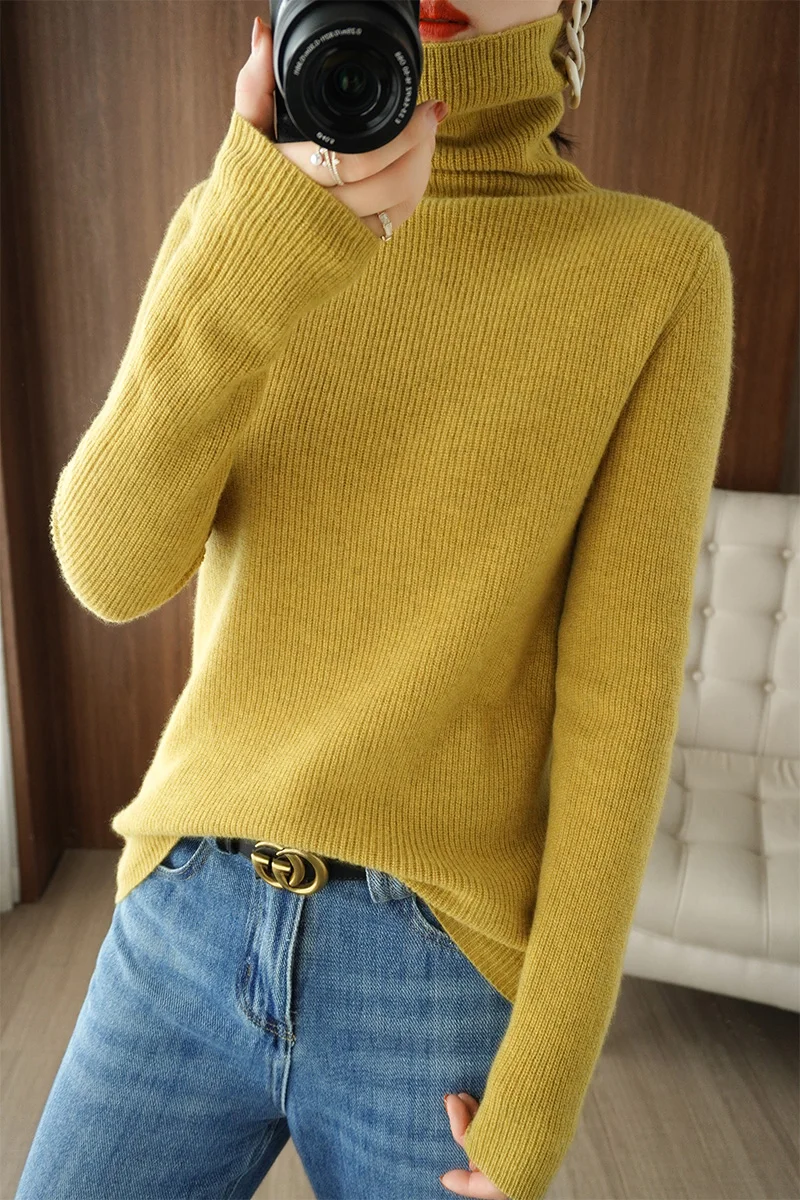 

Winter Women's Sweaters Chic Turtleneck Long Sleeve 100% Wool Knitted Female Pullover Tops Basic Jumper Shirt Fit Clothes Blouse