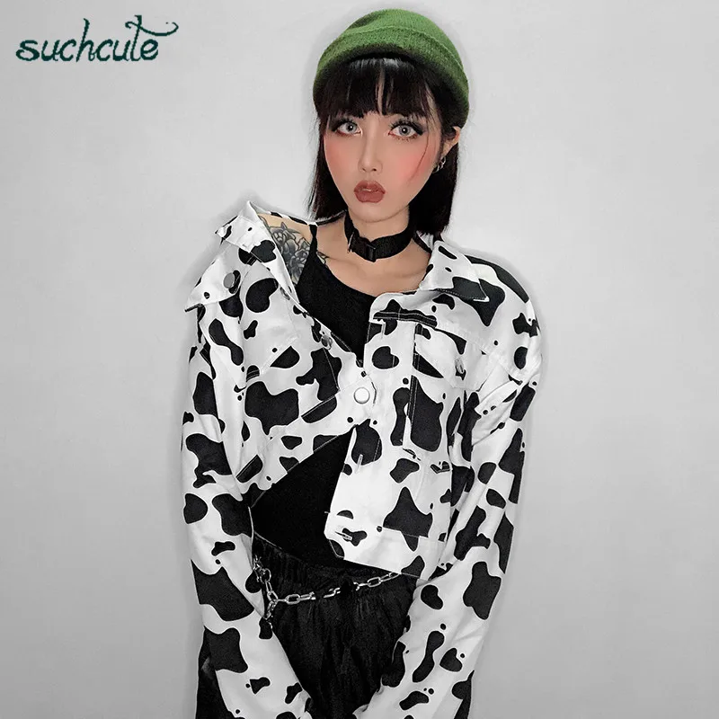 SUCHCUTE, Женская куртка с принтом коровы, пальто для женщин, корейский стиль, Modis Longslive, повседневная, осень, кнопка, Harajuku, уличная одежда, пальто