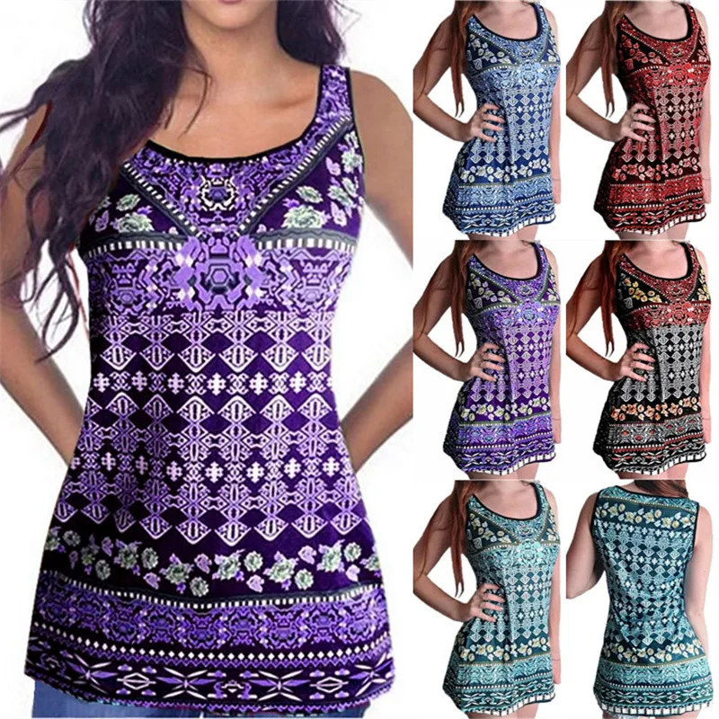 Женский облегающий Топ без рукавов с принтом и круглым вырезом в богемном стиле