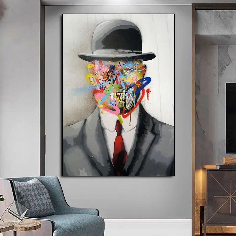 

Abstract Graffiti Street Art Posters Rene Magritte Famous Son of Man and Print Pop Canvas Painting for Living Room Bedroom Decor