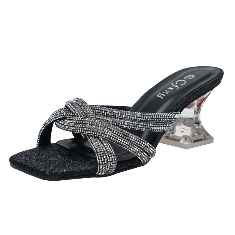 

2022 Female Fashion Woven Crystal Diamond Cross High Heel Sandals Summer Women All-match Slippers Lady Shoes Sandalias de mujer