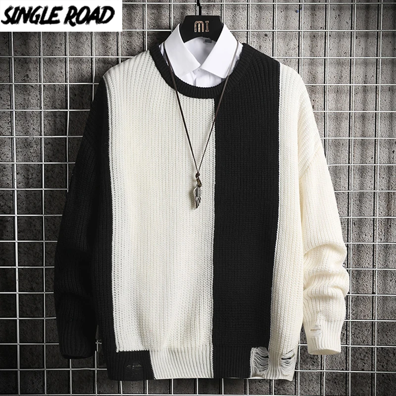 

SingleRoad Oversized Mens Knitted Sweater Men 2021 Patchwork Ripped Sweaters Jumper Pullover Hip Hop Harajuku Black Sweater Men