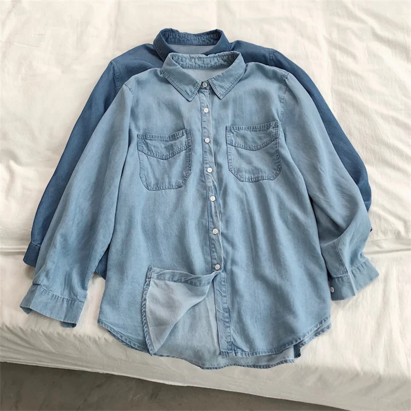 

2021 Spring Autumn Tops Women Tencel Denim Shirts Woman Fashion Coat Jeans New Jacket Blouses Casual Female Blusas pocket