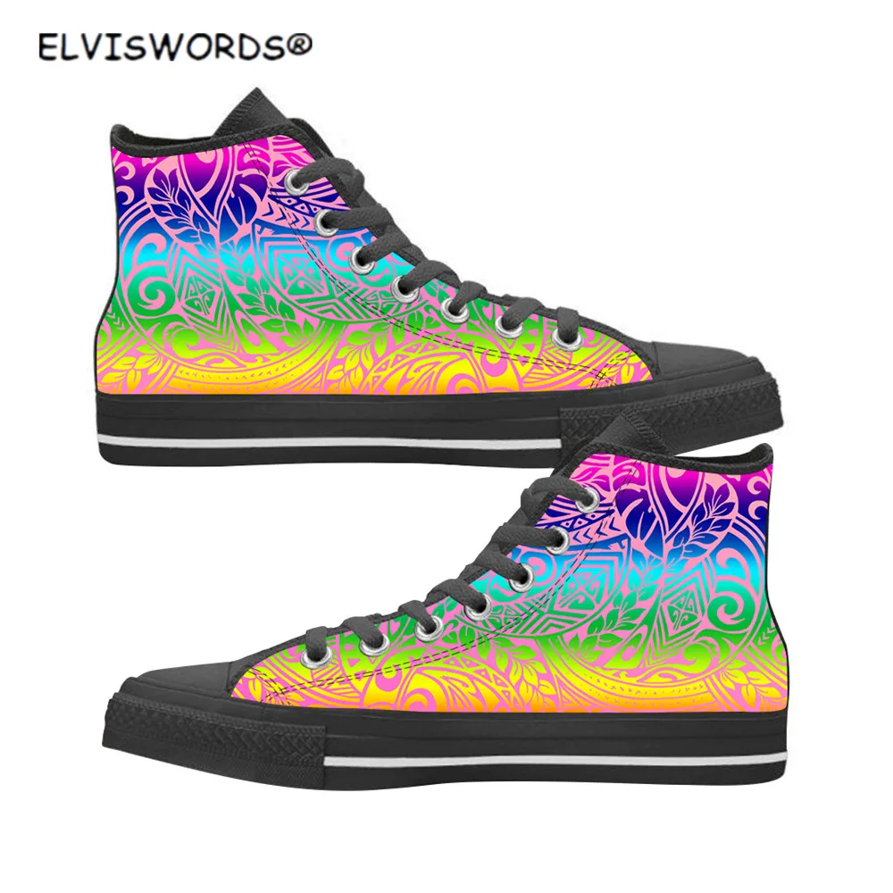 

ELVISWORDS Hawaiian Tribal Pattern Comfortable High Style Canvas for Woman Classic Ladies Sneakers Vulcanized Flats Shoes