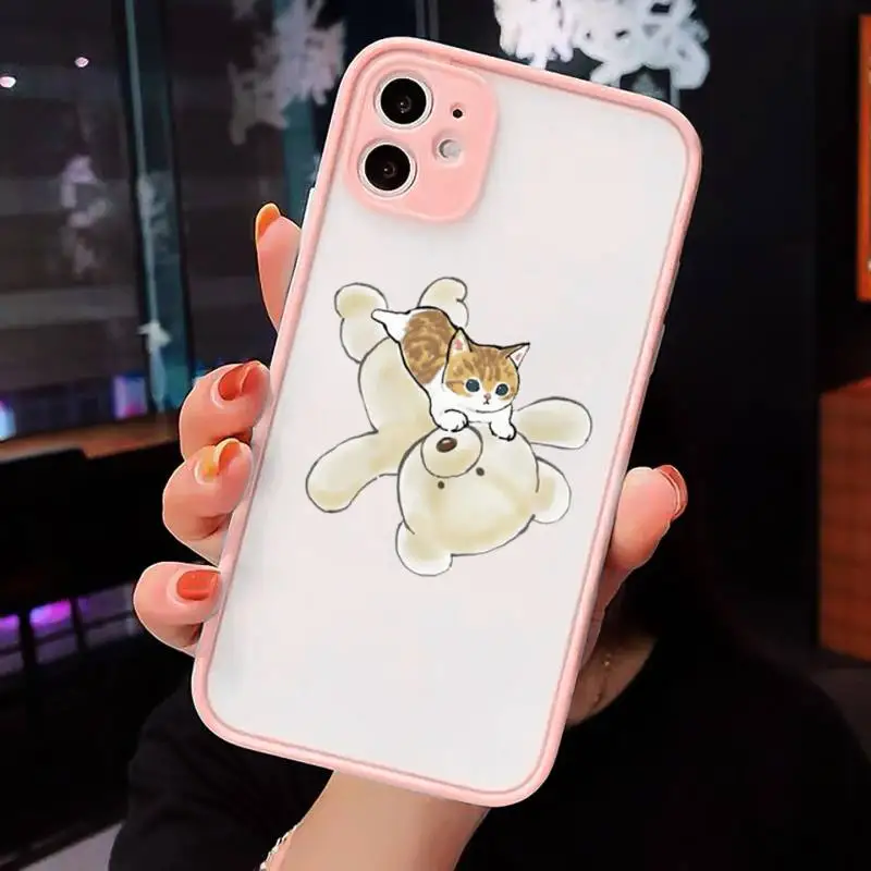 

Cute cat illustration mushroom bear Phone Case Matte transparent For Pink iPhone 12 Mini 11 Pro XR XS Max 7 8 Plus X Back Cover