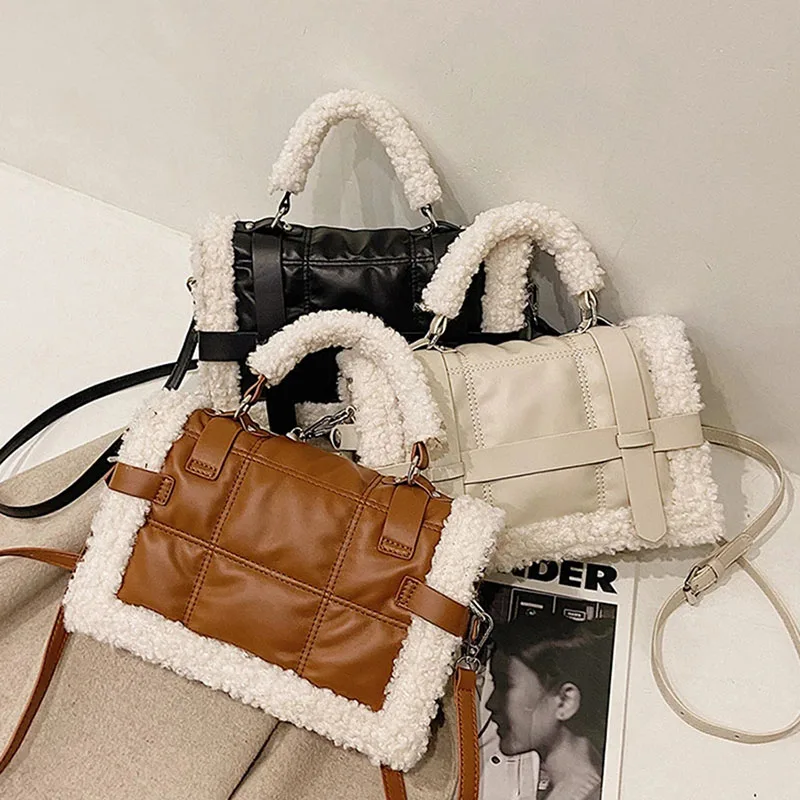 

2021 New Winter Lambswool Branded Totes Women's Pu Leather Handbag Women Casual Trending Classic Plush Shoulder Crossbody Bags