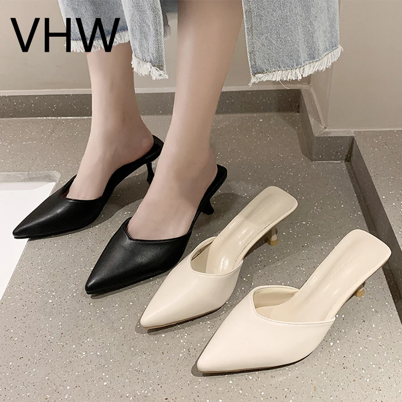 

Women Mules Shoes Pointed Closed Toe Leather Slippers Ladies 2021 Summer Fashion Elegant Women Brand Solid Beige High Heels