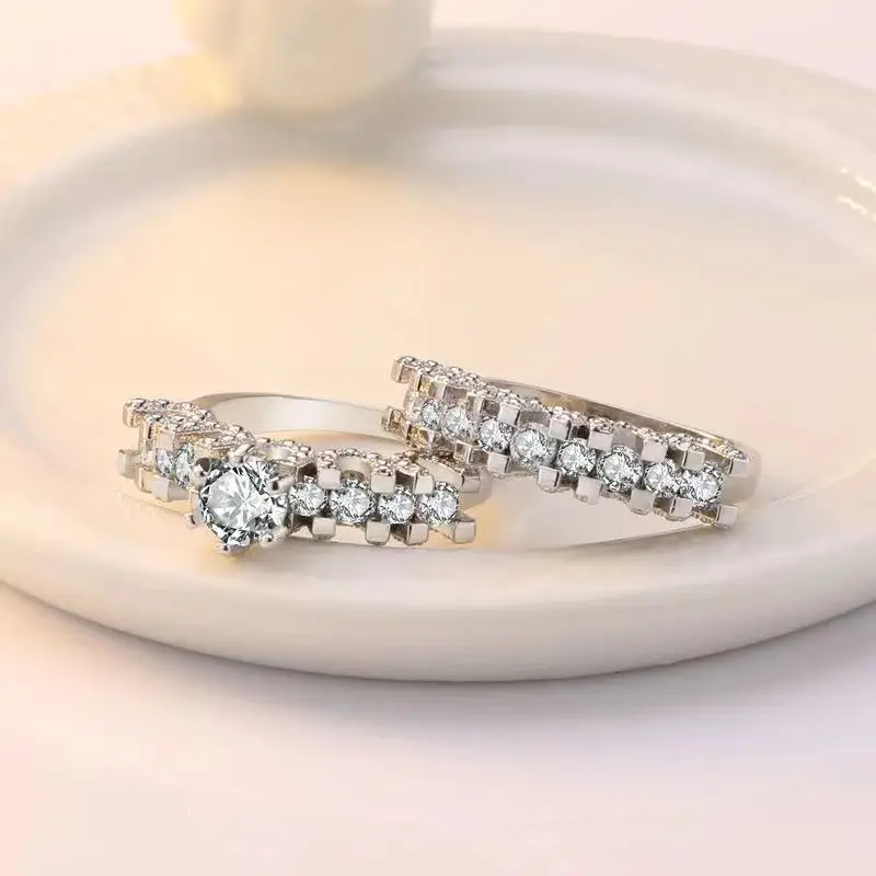 

Luxury Charms Round Zirconia Ring Fine Carving Craft Wedding Filigree Ring Set for Women Christmas Gift