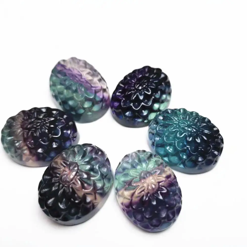 

20mm Natural Rainbow fluorite carved flowers for DIY Jewelry design 1pc