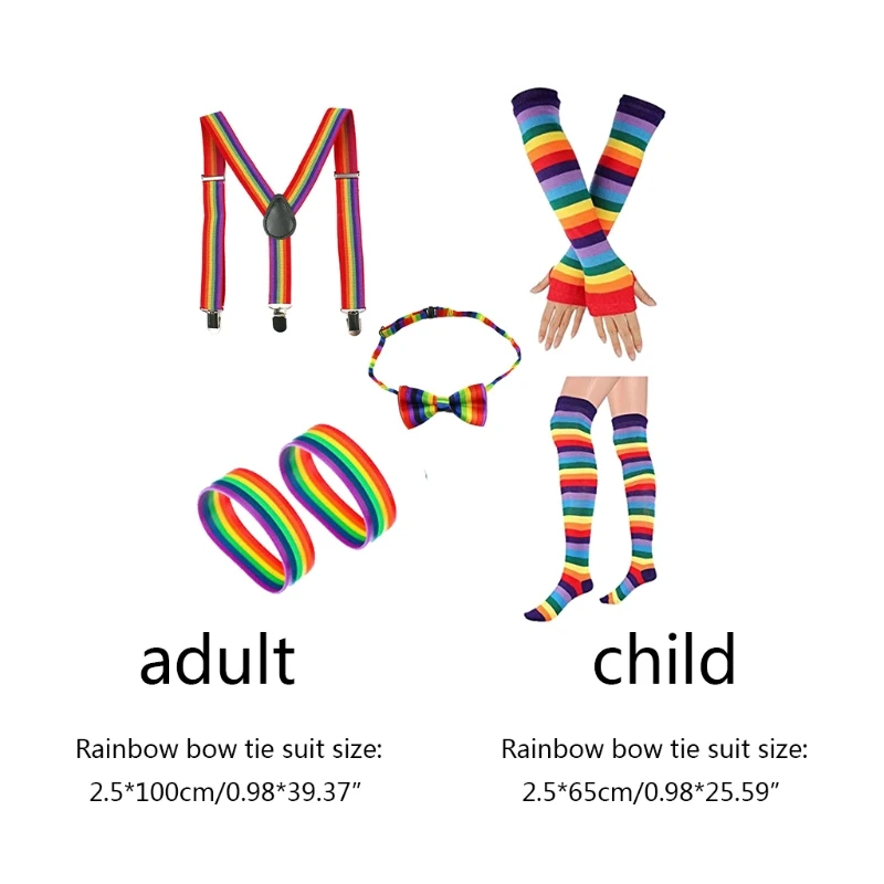 

Adult Kids Rainbow Costume Accessories Set Include Bowtie Suspender Long Socks Fingerless Gloves Bracelet Party Supplies