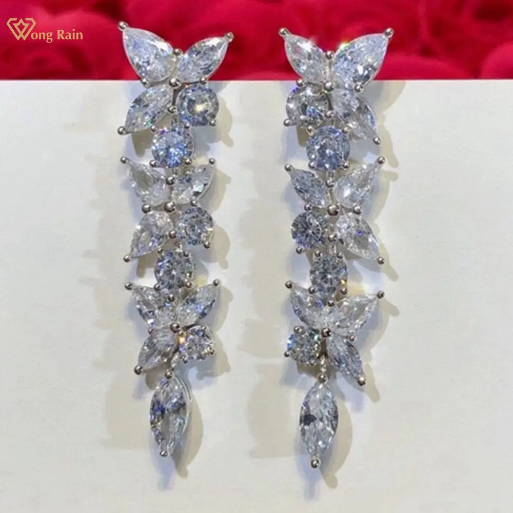 

Wong Rain 925 Sterling Silver Marquise Cut Created Moissanite Four Leaf Clover Tassel Drop Earrings Engagement Fine Jewelry Gift