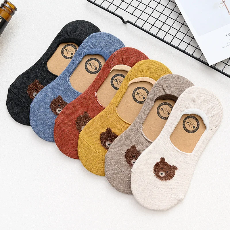 

5 Pairs Women's Socks Summer New Feather Yarn Cartoon Bear Invisible Boat Socks Leisure Ventilation Non-slip Silicone Adult Sox