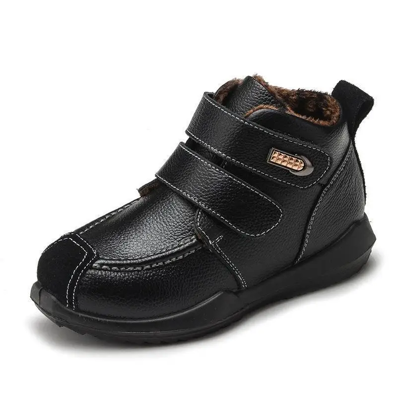 Winter Boys Boots Warm Kids Martin Boot Fashion Waterproof Genuine Leather Fur Shoes Children Sport Ankle Boots Plush Snow Boot - Цвет: Black