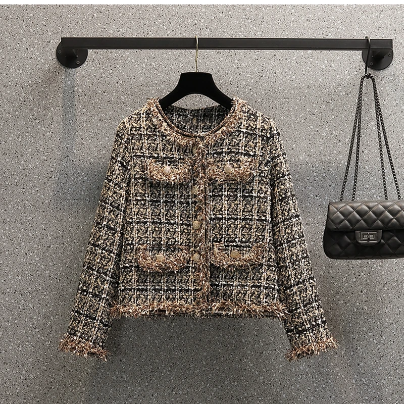 

Plus Size M-4XL Crop Jacket 2021 Autumn Women Long Sleeve Tassel Patchwork Office Lady High Street Elegant Women Tweed Coat