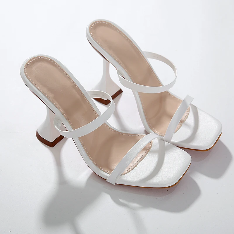 

2021 New sexy slippers summer fashion straps square head open toe shoes high heel slip on thick heels slides women party