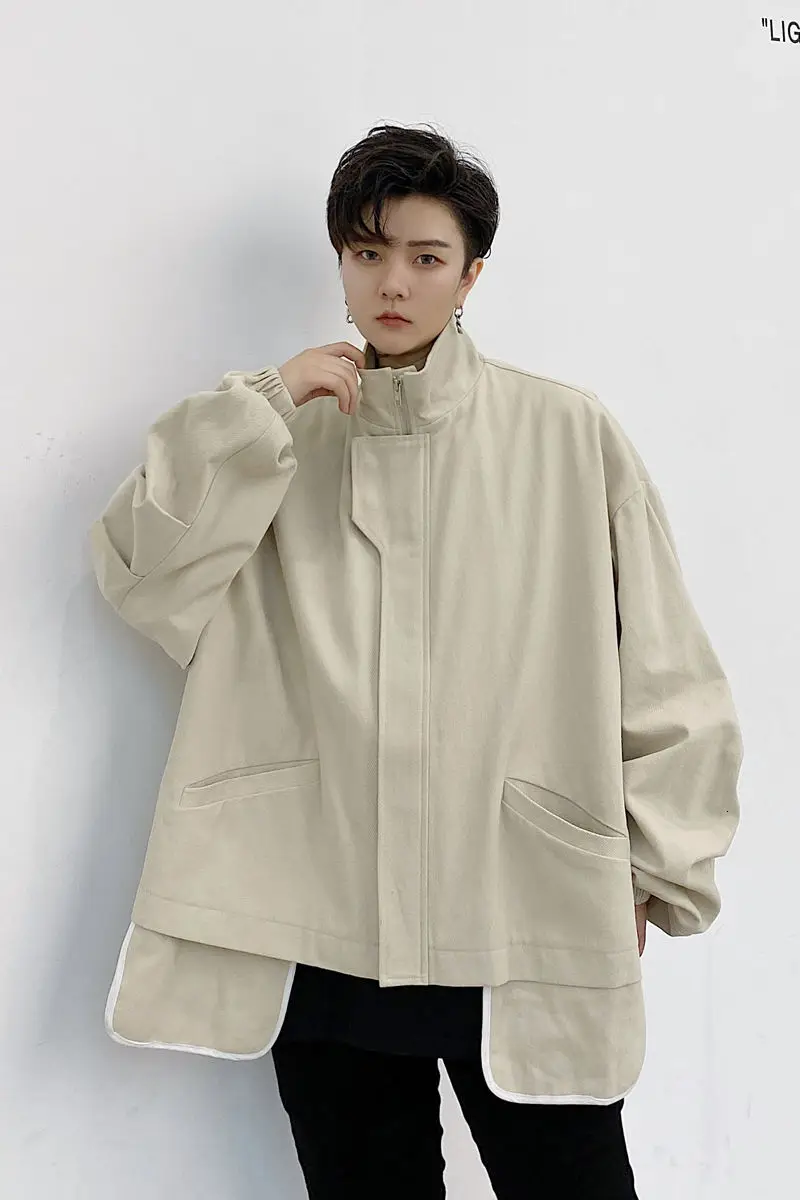 

IEFB Men's Wear Stand Collar Pockets Patchwork Hemming Loose Men's Jacket 2021 Spring Autumn Large Size Coat Male Design 9Y4116