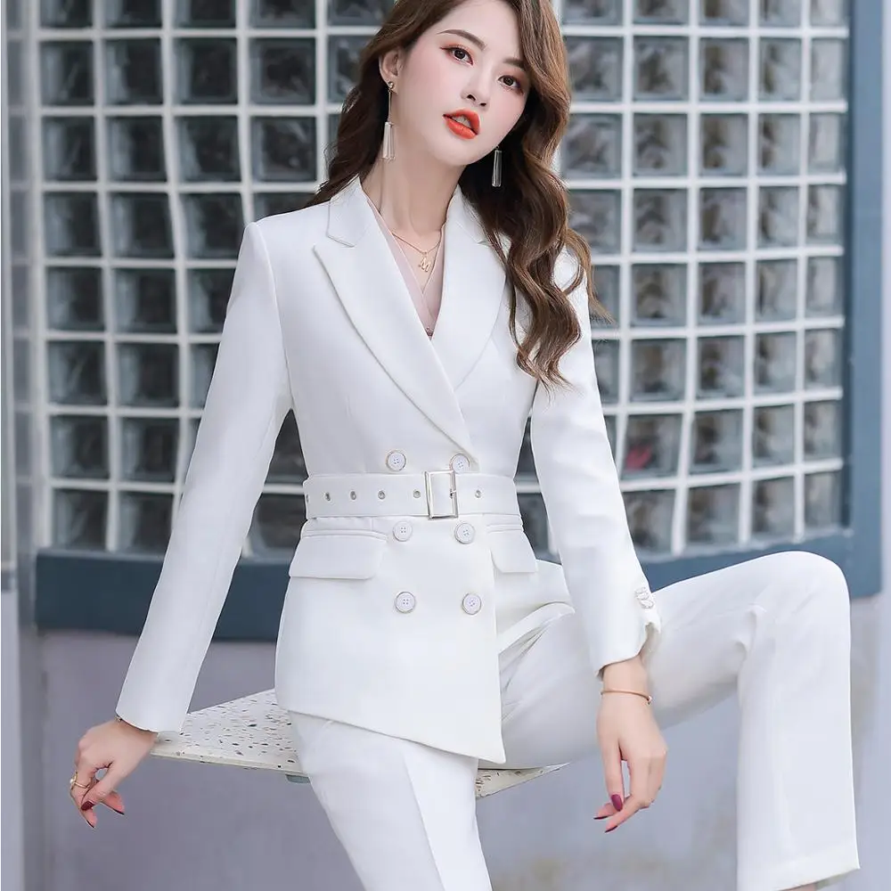 

Women's Jacket Suits Plus Sizes Pant Suit With Belt Red White Black Two Pieces Set Triple Breasted Blazer With Pant For Winter
