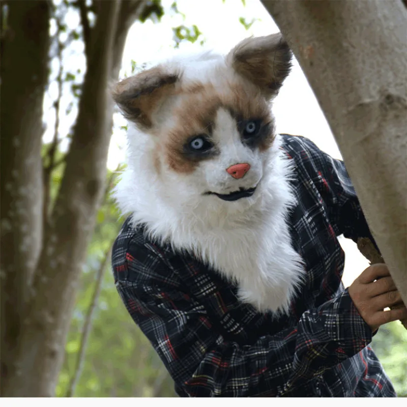 Маска кошки плюшевая с капюшоном имитацией котика 2D мир демон кошачий рот