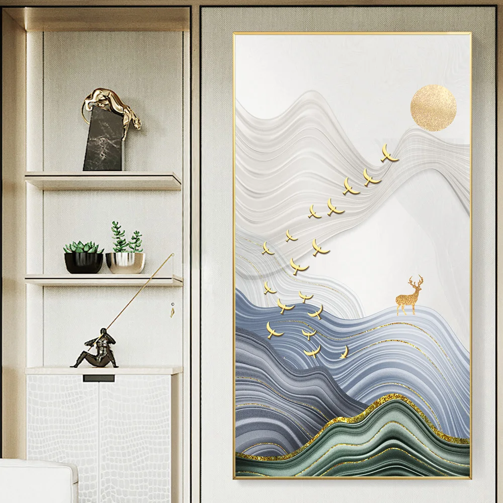 

Nordic Abstract Geometric Mountain Landscape Wall Art Canvas Painting Golden Sun Art Poster Print Wall Picture for Living Room