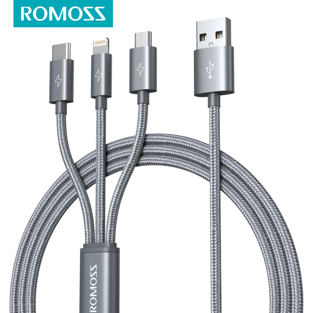 

ROMOSS 3 in 1 USB Cable for iPhone Micro USB Type C Cable for Huawei P40 Samsung S20 S10 Mobile Phone Fast Charging Charger Cord