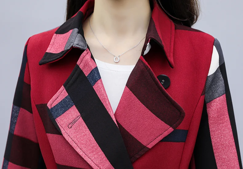 

2021 autumn new plaid color matching mid-length windbreaker temperament elegant slim fit all-match fashionable jacket