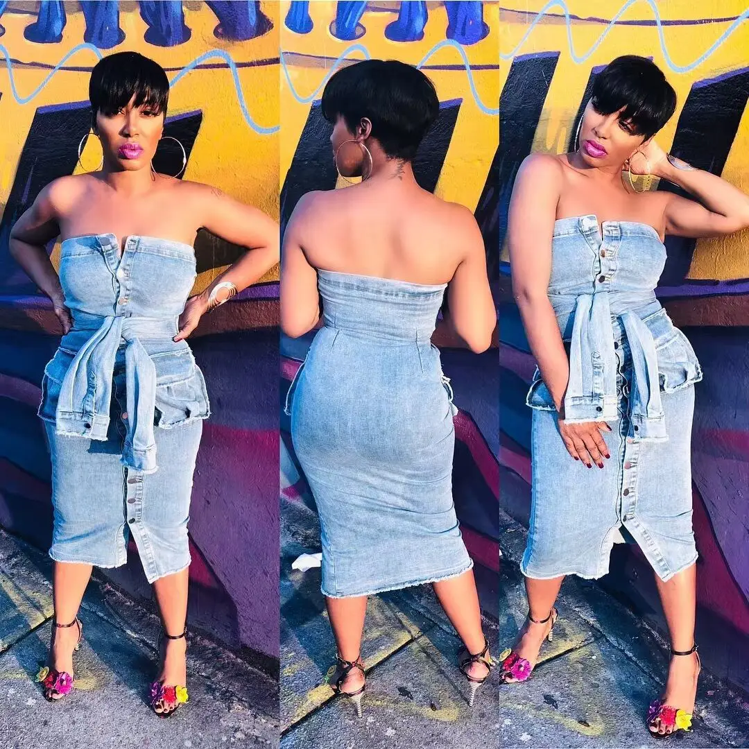 

WEPBEL Fake Two-Piece Retro Tassels Denim Dress Women Dress Sleeveless Strapless Bra High Waist Tie Sleeve Fashion Summer
