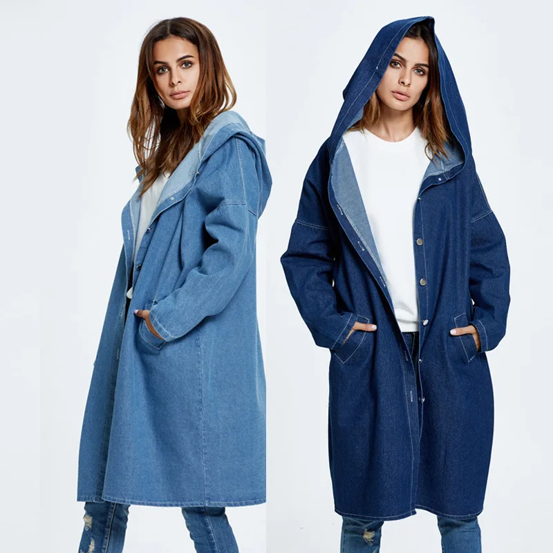 

Long Cardigan Denim Jacket Solid Color Casual Jacket Windbreaker Women 2021 New Autumn Winter Trendy Hooded Coat Single Breasted
