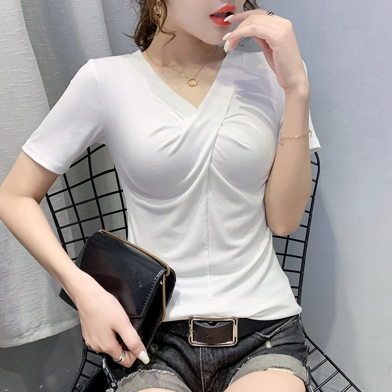 

Summer Korean Clothes T-shirt Fashion All Match Solid V-Neck Irregularity Drape Women Tops Ropa Mujer Cotton Tees 2020 T05522