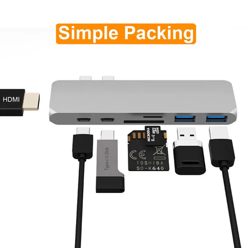 Simple Box-Silver USB-C док-станция к HDMI Thunderbolt 3 адаптер концентратор USB Type C с PD зарядное устройство для чтения карт SD TF USB 3,0 для MacBook Pro/Air USB C - Цвет: Simple Box-Silver