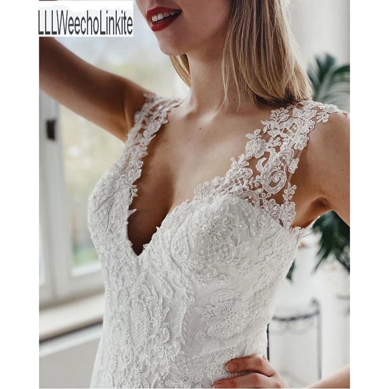 

White Lace V-Neck Floor-Length A-Line Wedding Dresses Chapel Train Sleeveless Bridal Gowns Custom Made