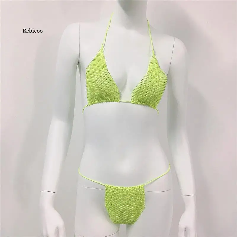 

Bling Rhinestones Fishnet Bikini Women Halter Bra Sexy Panty 2 Piece Outfits Lady Lingerie Set Sexy Swimwear Women
