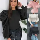 Женский сетчатый пуловер Fahsion, Повседневный, с пышными рукавами, однотонный, свободный, с круглым вырезом