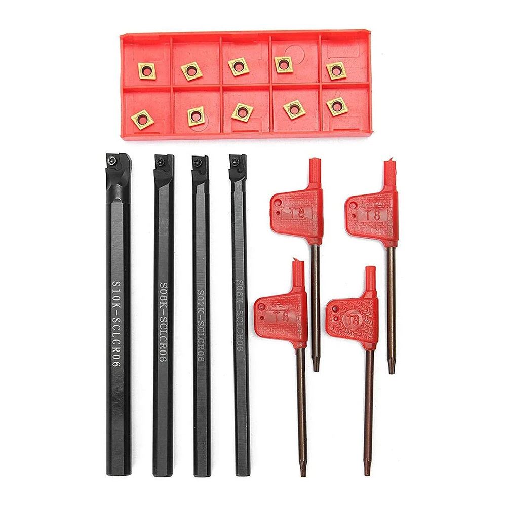 

4 Pcs 6/7/8/10mm SCLCR06 Turning Tool Lathe Boring Bar & 10x CCMT060204-HM Insert Semi-finishing/finishing Operations