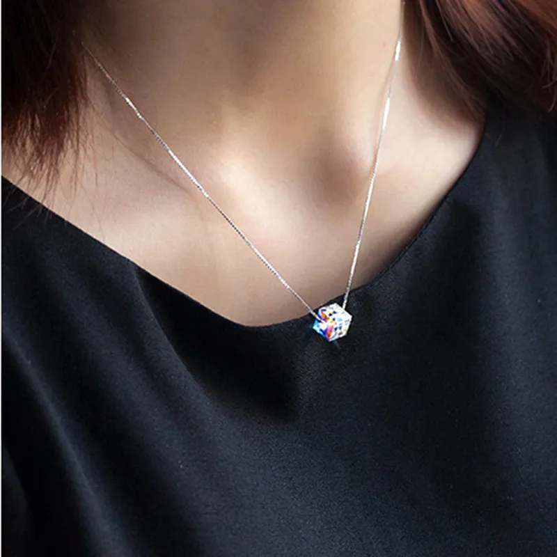 Женское Ожерелье с квадратным кристаллом корейский кулон на цепочке до ключицы