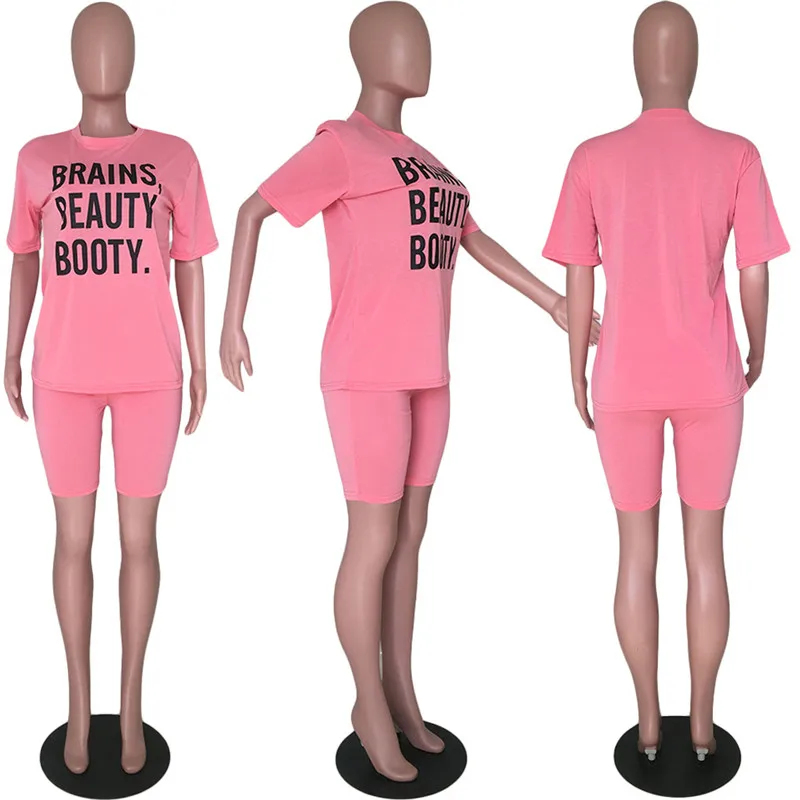 

Women Two Piece Clothes T- Shirt Biker Shorts Set Lounge Wear Fitness Letters Print Solid Color Outfits For Women Free Shipping