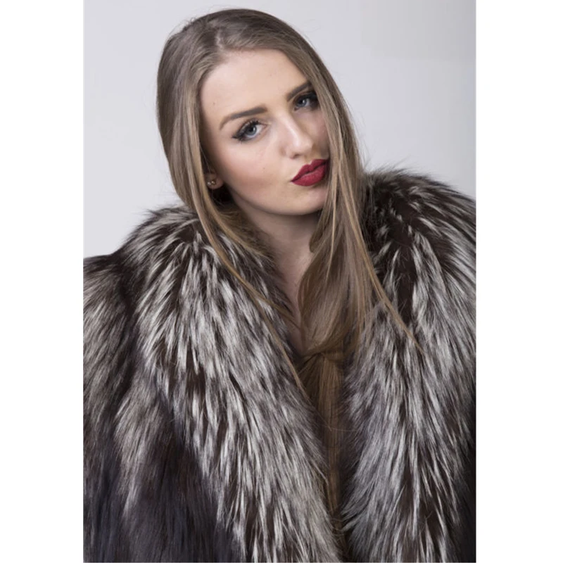 Natural Full Pelt Real Sliver Fox Fur Jacket With Fur Collar Winter Thick Warm Natural Fox Fur Coats  For Women Luxury Overcoat
