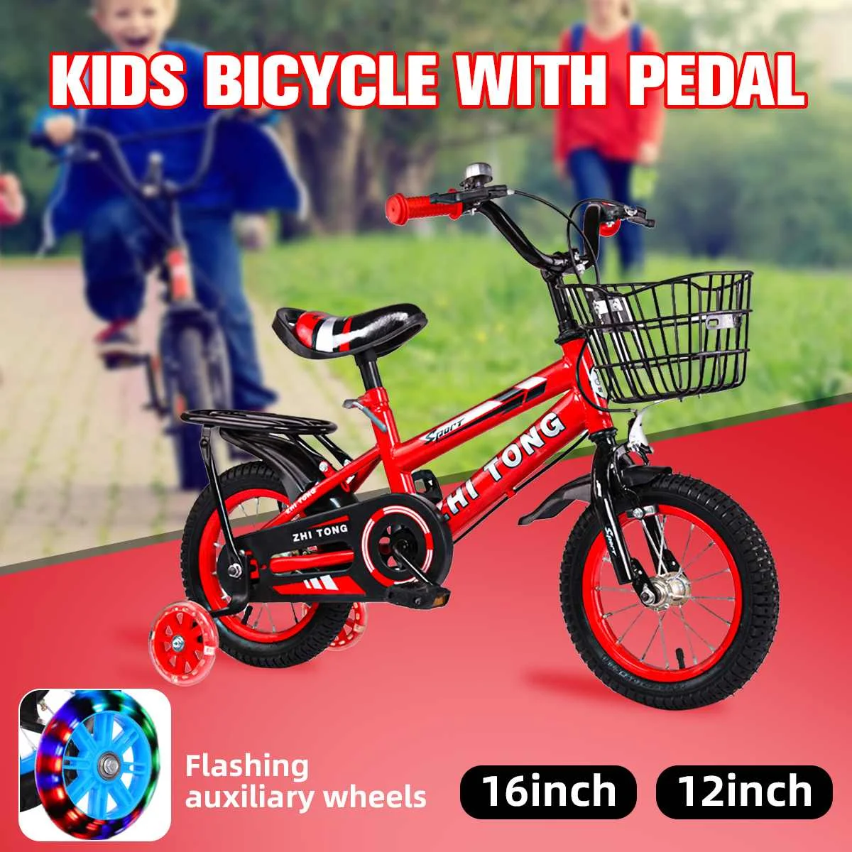 

12inch Kids Bike with Pedal Flashing Guar Wheels Toddler Children Bicycle with Basket for 2-7 Years Old Beginner Rider Training