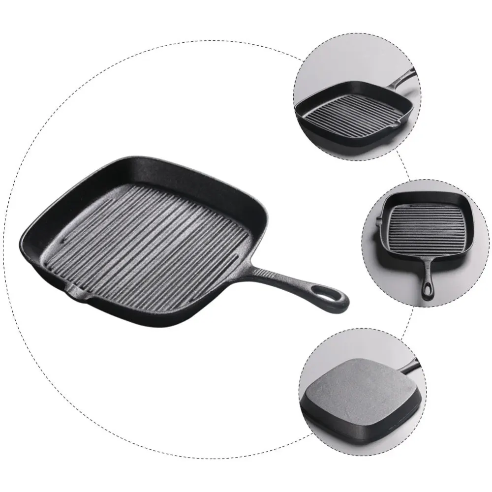 

1 Pc Household Handle Cast Iron Pot Striped Square Non-stick Cast Iron Pot (Black)