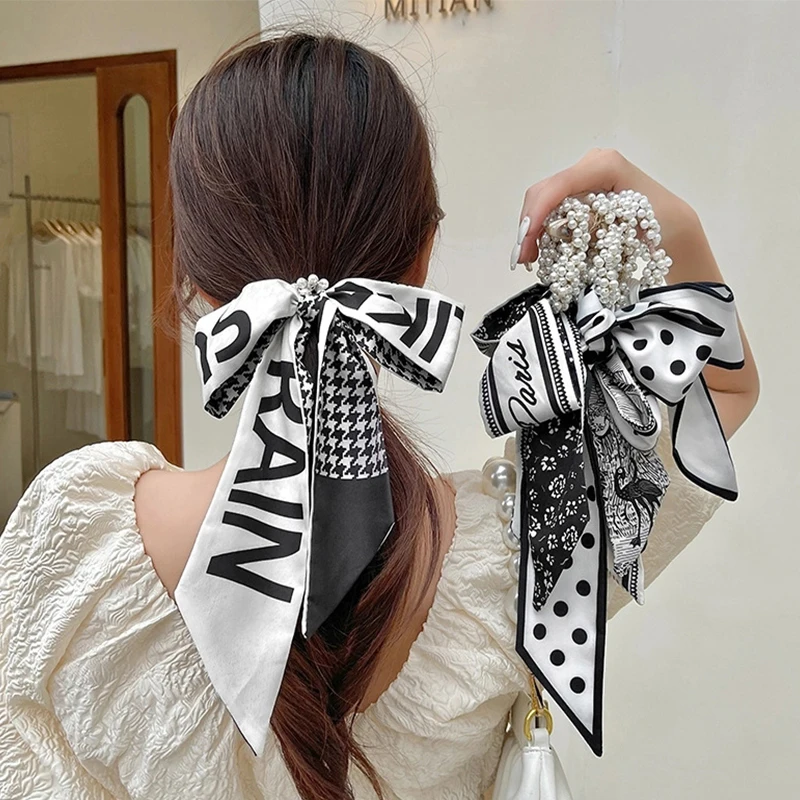 

Retro Pearl Elastic Long Bandana Hair Bows Ribbon Fashion Floral Print Scrunchies Headscarf Multifunctional Hair Accessories2021