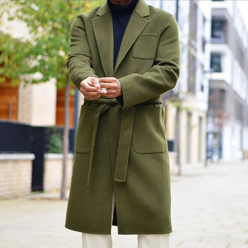 

Мужская шерстяная куртка средней длины, Повседневная однотонная куртка с отложным воротником, с длинным рукавом и поясом, верхняя одежда, о...