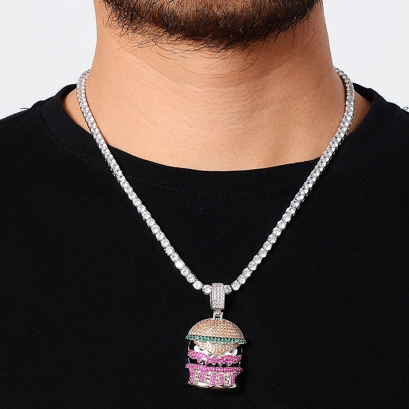 Хип-хоп Bling Hamburger Iced Cubic Zircon мужские ожерелья и подвески ювелирные изделия