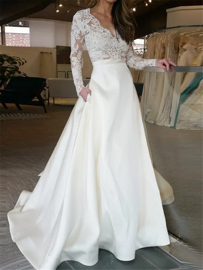 

European and American style new lace Decal waist belt decoration back zipper Pockets Lace Wedding Dress with Long Sleeves 2021