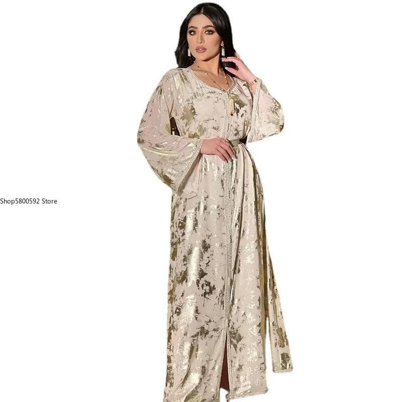 Fashion Muslim Abaya Maxi Dress Women Long Sleeve Loose Muslim Saudi Arabic Jalabiya Oman Dubai Morroco Caftan with Belt Fall