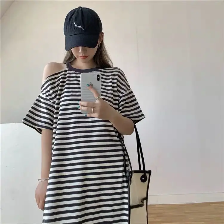 

Summer new short sleeve dress off shoulder stripe split loose LARGE T-SHIRT blouse