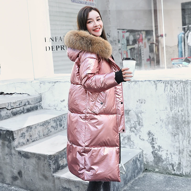Rose gold Новинка, зимний длинный Блестящий теплый пуховик с капюшоном и натуральным воротником, модная одежда, пуховики высокого качества - Цвет: Rose gold