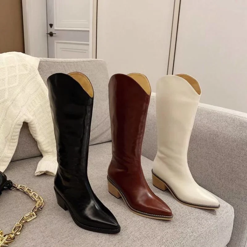 

Autumn and winter new luxury women's boots horse oil leather western boots plus velvet warm knee boots motorcycle boots