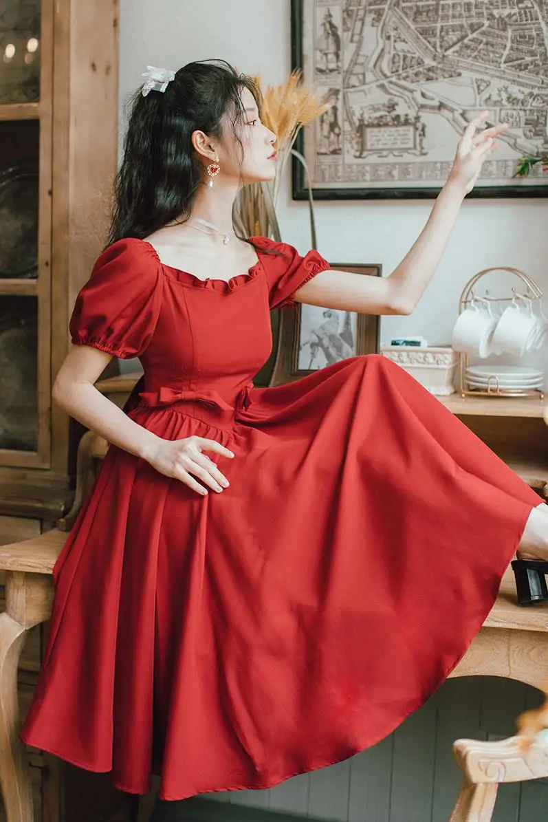 

COIGARSAM Vintage Women One-Piece Dress Korean Bow Dresses Red Apricot Q8002