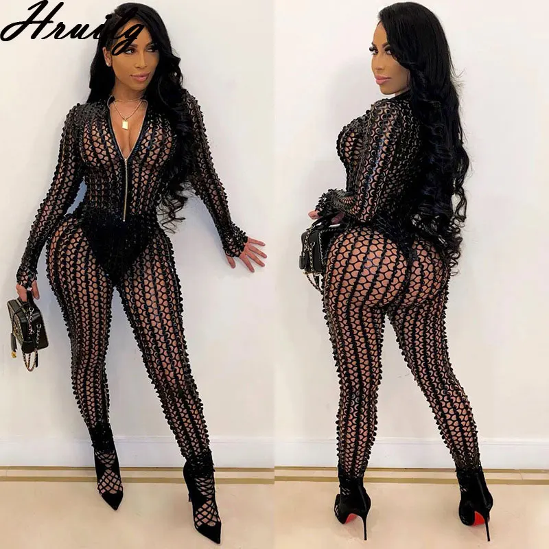 

Sexy Jumpsuit Solid Color Long Sleeve Ripper Women Rompers Skinny Hollow Out Night Club Fashion New Body Suits for Women