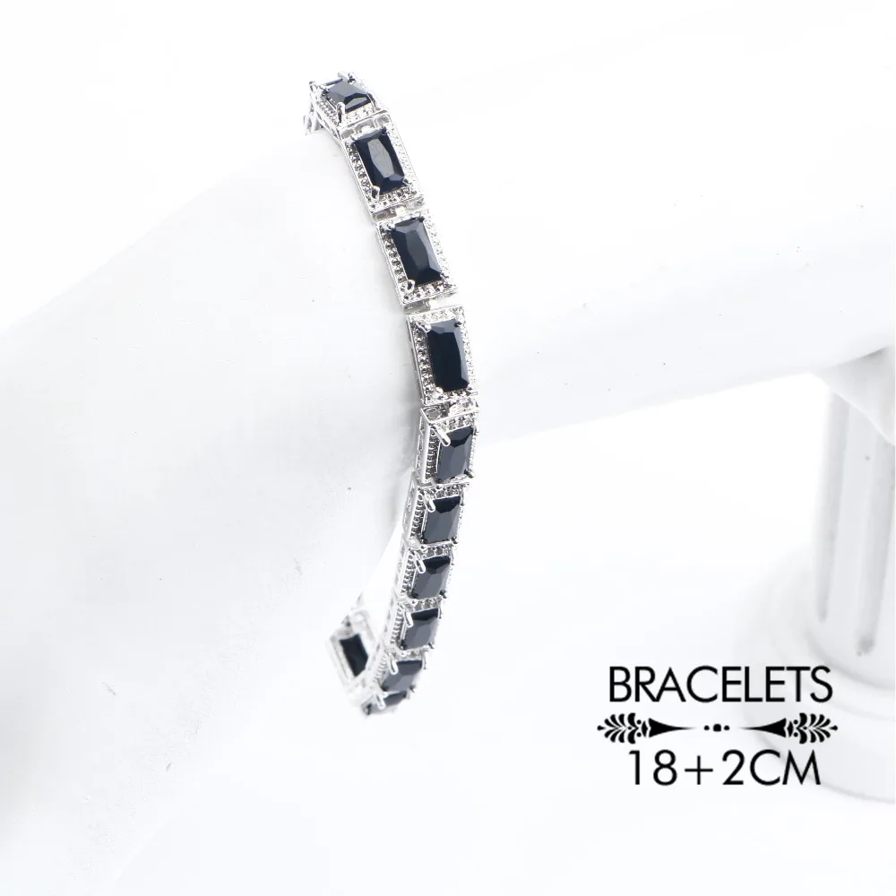 Women 925 Sterling Silver Jewelry Sets Earrings Balck Zircon Wedding Stones Bracelet Ring Pendant Necklace Set Gifts Box | Украшения и