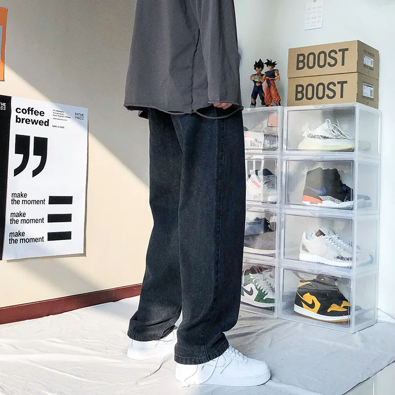 

WFF 2021 Men's New Loose Black/blue Straight Pants Solid Color Casual Pants Baggy Homme Cargo Pocket Jeans Biker Denim Trousers